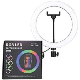 RGB LED kruhové selfie světlo se stativem a držákem na mobilní telefon MJ26, 26cm