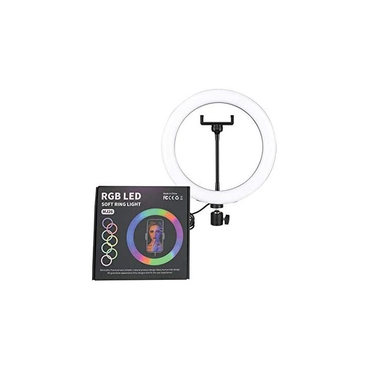 RGB LED kruhové selfie světlo se stativem a držákem na mobilní telefon MJ26, 26cm