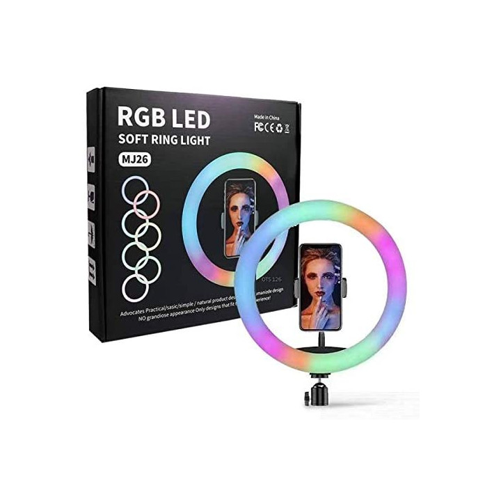 RGB LED kruhové selfie světlo se stativem a držákem na mobilní telefon MJ26, 26cm
