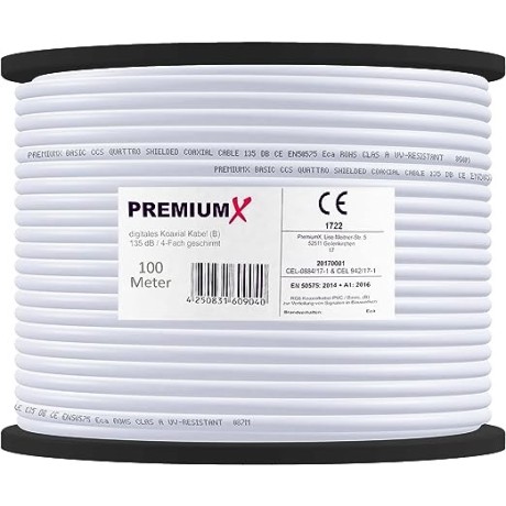 Koaxialní kabel PremiumX + 10x F-konektor, CB135, 4K, FULL HD, 100m, bílá