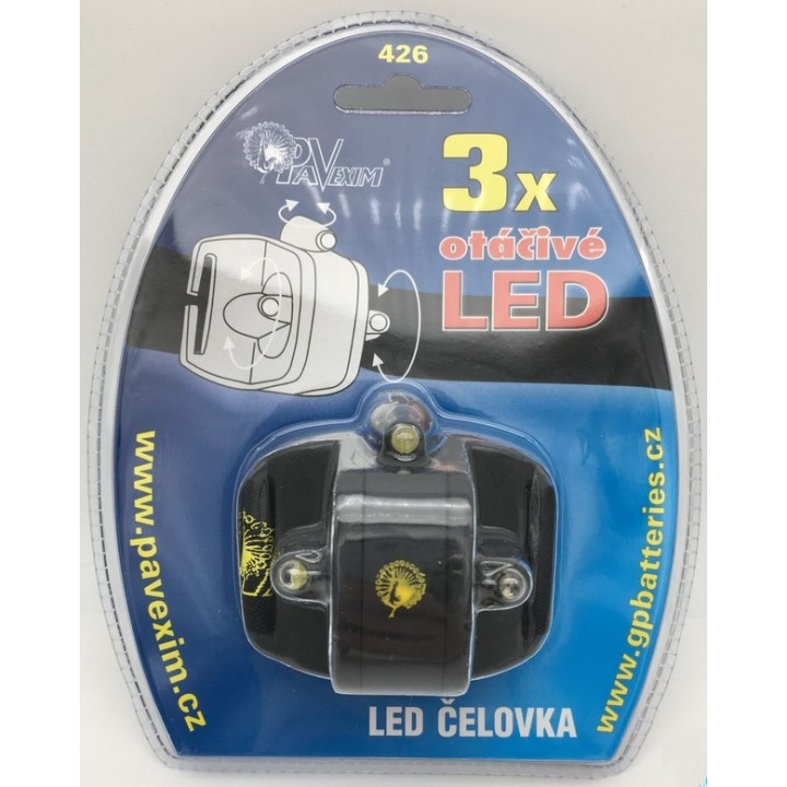 LED čelovka PaVexim 426, 3 x otáčivé LED, baterie 2 x CR2016