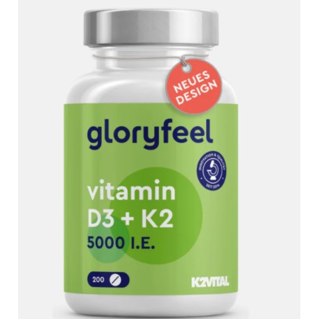 Doplněk stravy Gloryfeel Vitamin D3+K2 5000 I.E., 200 tablet