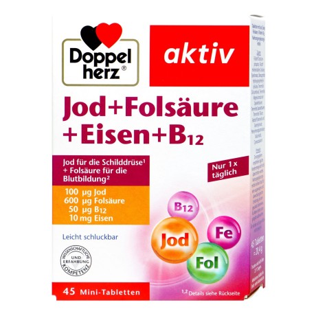 Doplněk stravy Doppelherz Jod + Folsaure + Eisen + B12, 45 mini tablet