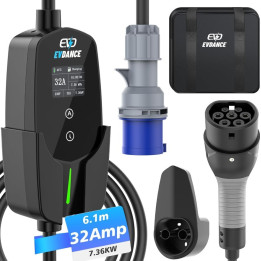 Nabíjecí kabel EVDANCE EV-ACS3205E Type 2 (7,36kW, 1 fáze, 6,1m, 10A-32A), černá