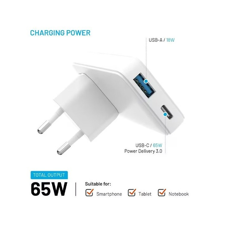 Cestovní nabíječka FIXED Slim Traveller, 65 W, bílá