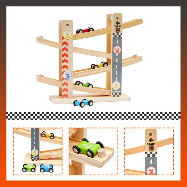 Dřevěná dráha pro autíčka ENJOY & LOVE Car Track Toy YL 0101020026, 4 x autíčko