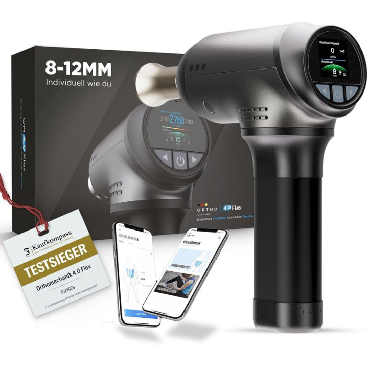 Masážní pistole ORTHOMECHANIK 4.0 Flex, 8-12 mm, 4 000 mAh, 8 nástavců