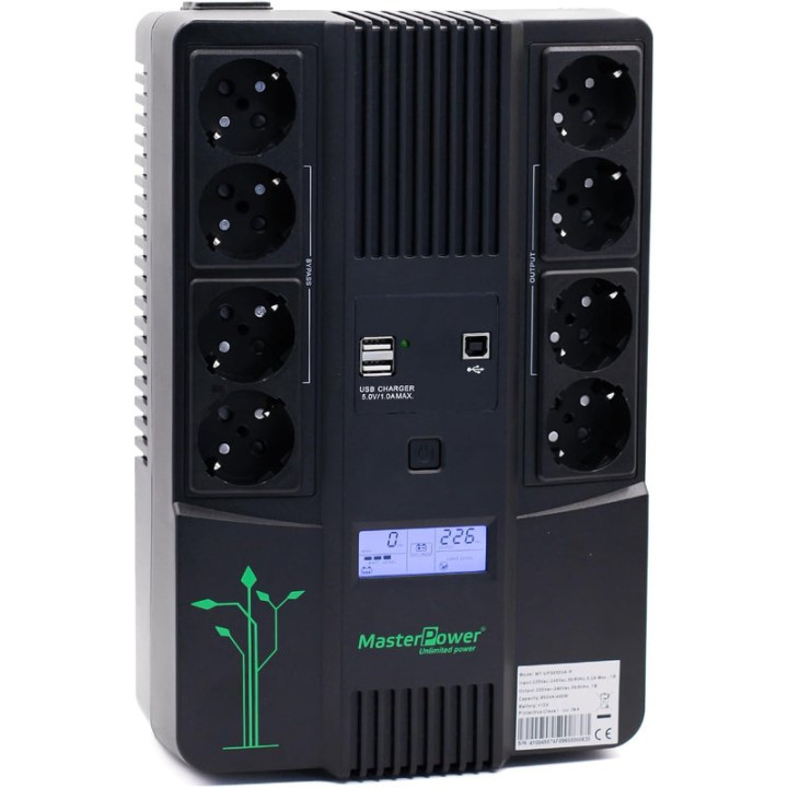 Záložní zdroj UPS MASTER U-POWER MF-UPS850VA-R, 850 VA, 480 W, černá